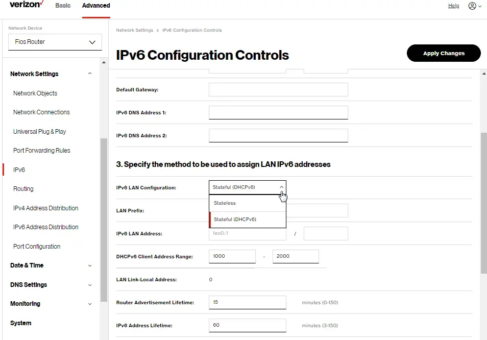 IPv6 WAN Configuration: DHCPv6 with Stateful