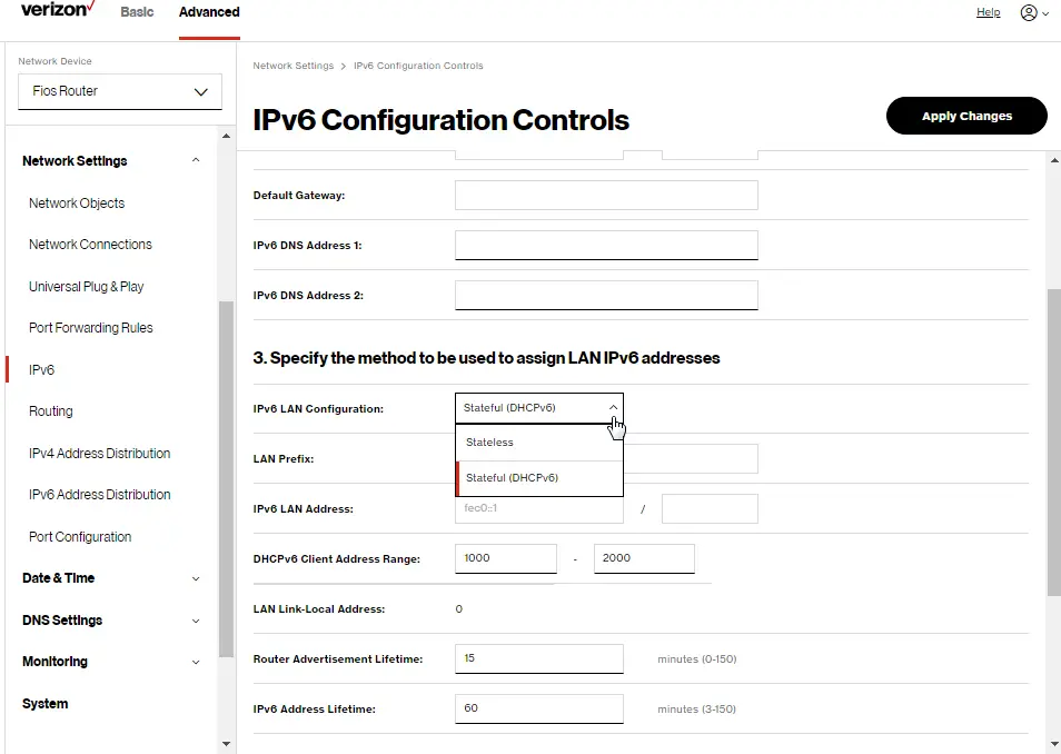 LAN IPv6 Stateful: With no WAN Settings