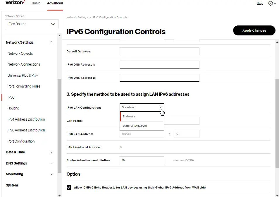 LAN IPv6 Stateless: With no WAN Settings