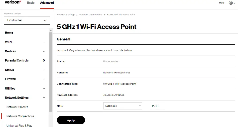 Network: 5 GHz 1 Wi-Fi Access Point Settings