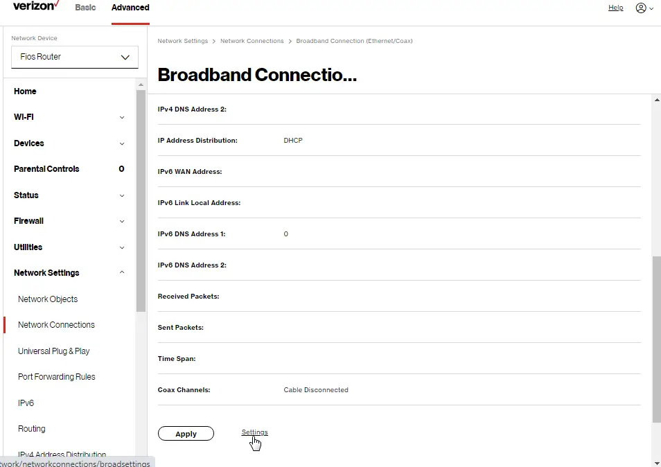Network: Broadband Connection (Ethernet/Coax)