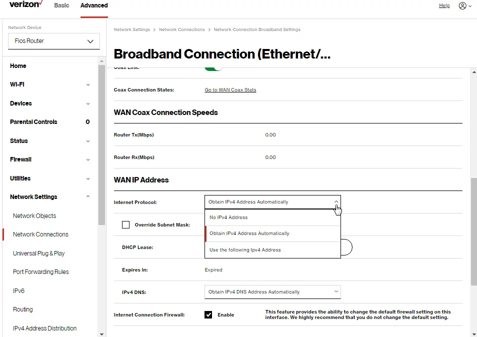 Network: Broadband Connection (Ethernet/Coax) Properties