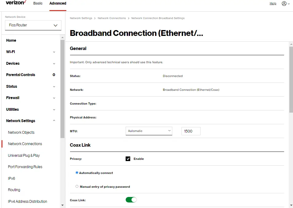 Network: Broadband Connection (Ethernet/Coax) Properties