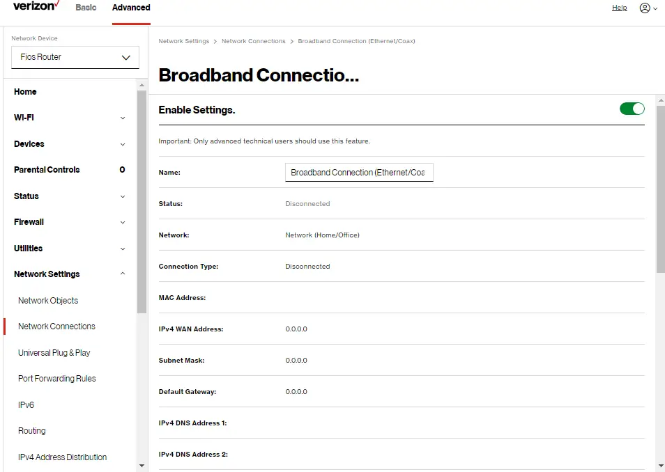 Network: Broadband Connection (Ethernet/Coax)