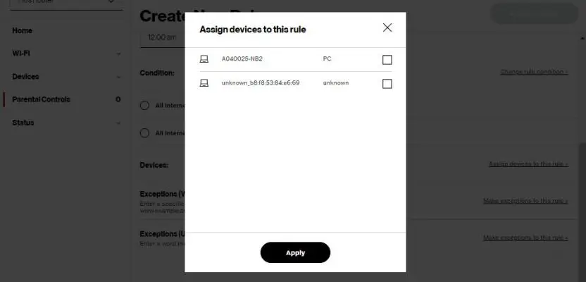Parental Controls: Assign devices to this rule