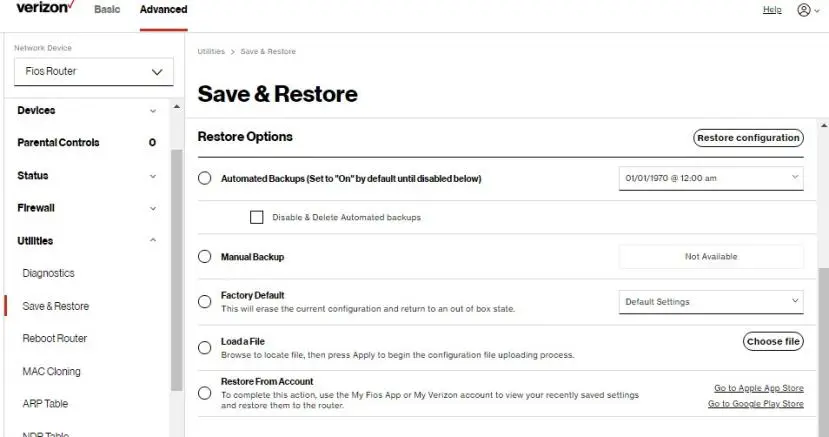 Save & Restore: Router Factory Default options