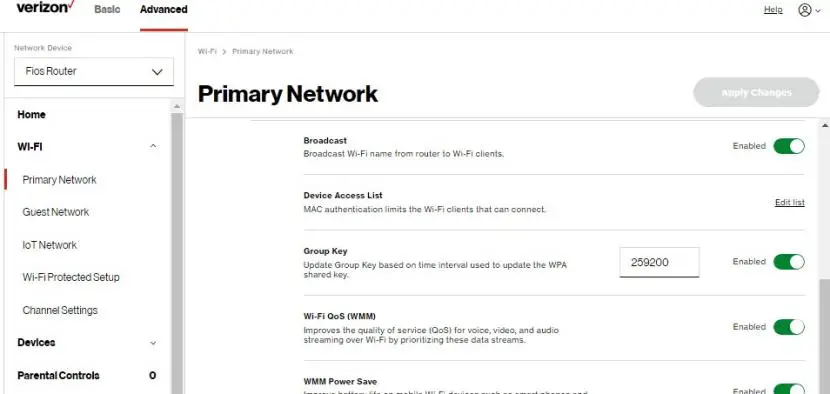 Wi-Fi: Advanced Settings - Primary Network