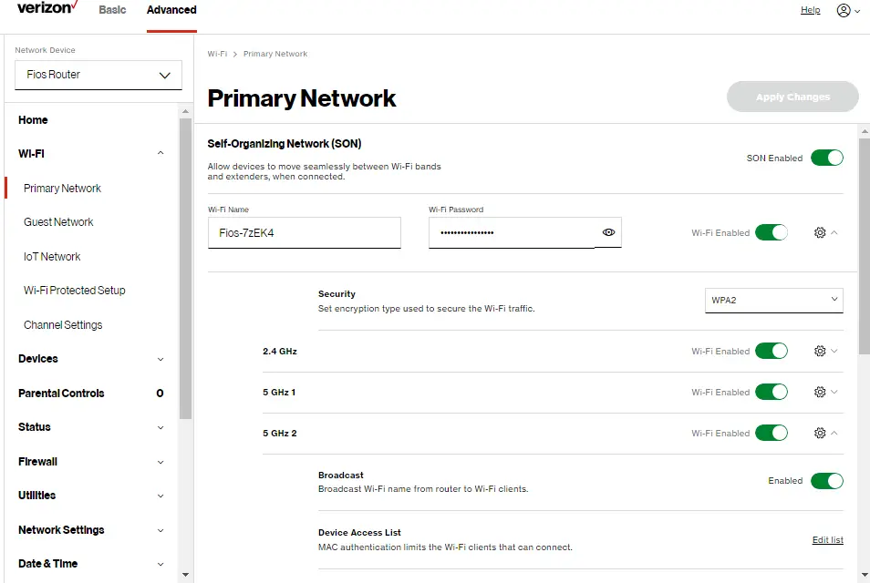 Wi-Fi: Advanced Settings - Primary Network
