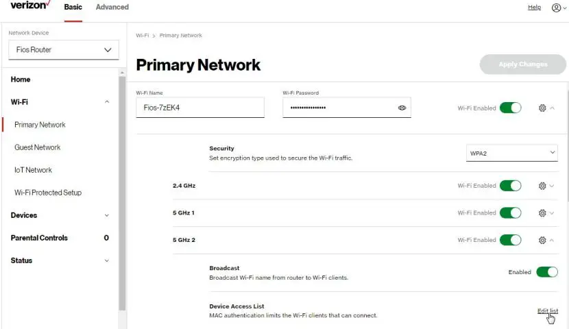 Wi-Fi: Primary Network - security settings