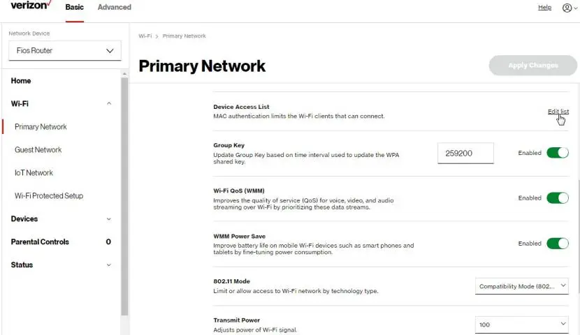 Wi-Fi: Primary Network - security settings