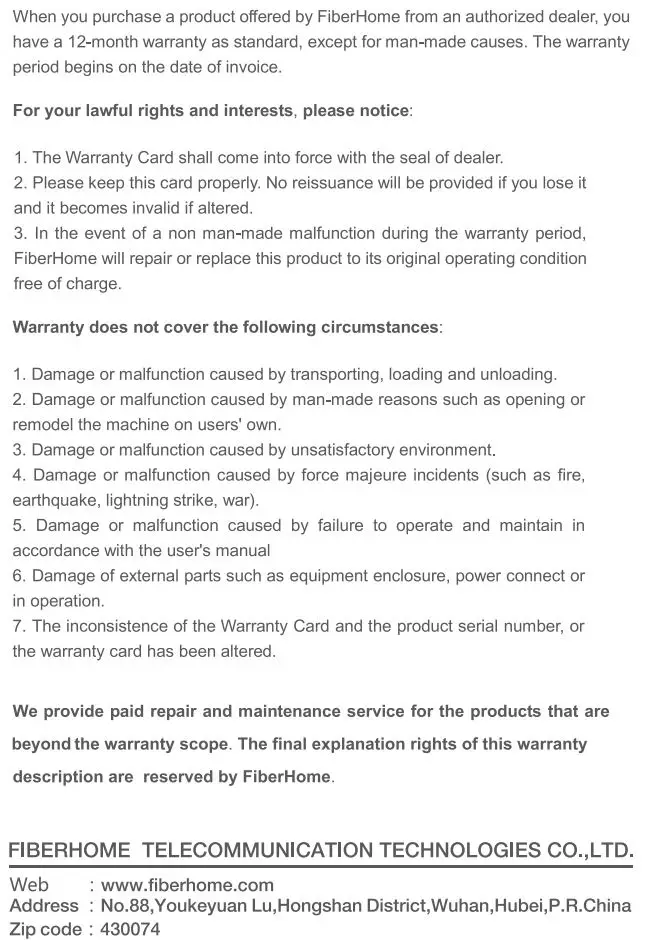 FiberHome SR1041F Wireless Router User Manual - Warranty Description