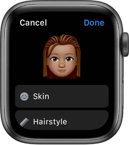 The Memoji app on Apple Watch showing a face near the top and Skin and Hairstyle options below.