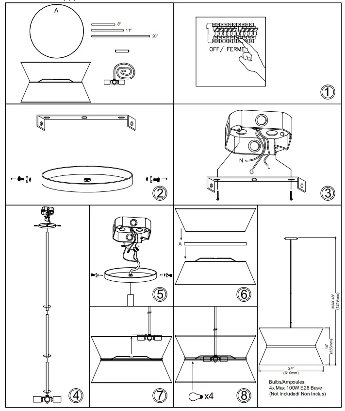 Dainolite CTN 244C Caterine 4 Light Aged Brass Transitional Bowl Pendant Light