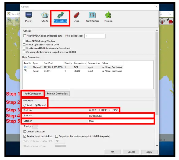 QUARK-ELEC QK A033 Bi Directional WIFI USB NMEA 0183 Multiplexer - OpenCPN example Network setup