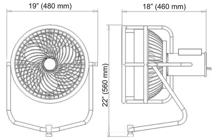 TMB ProFan Professional Variable Speed Fan DMXManual Control - Dimensions