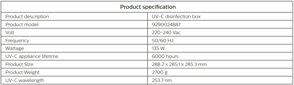 PHILIPS UV-C Disinfection Box User Manual - Product specification