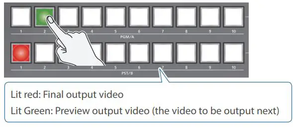Roland V-160HD Streaming Video Switcher User Guide - Press a cross-point [1]–[10] button at the end to which the video fader is not flipped to select the preview output video (the video to output next)