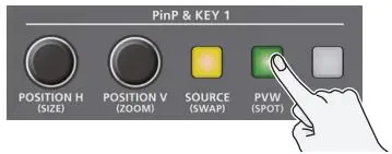 Roland V-160HD Streaming Video Switcher User Guide - Press the PinP & KEY 1 [PVW] button to turn on the inset screen preview output (lit)