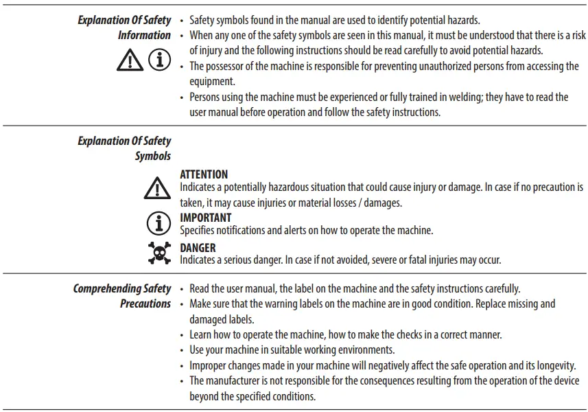 Magmaweld Monostick 200i DC Inverter Arc Welding Machine User Manual - SAFETY PRECAUTIONS