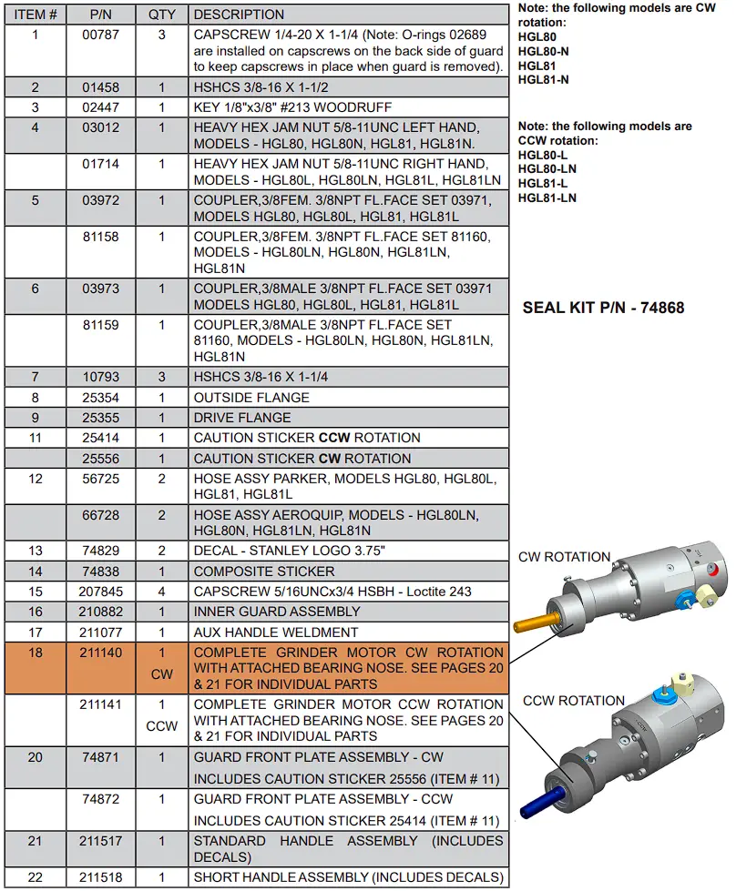 HGL80/81 Parts List
