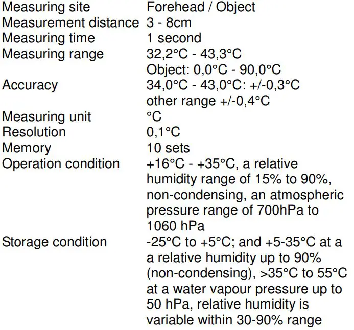 scala Infrarot Stirn Thermometer SC 8280 Instruction Manual - PRODUCT SPECIFICATION