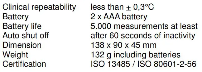 scala Infrarot Stirn Thermometer SC 8280 Instruction Manual - PRODUCT SPECIFICATION