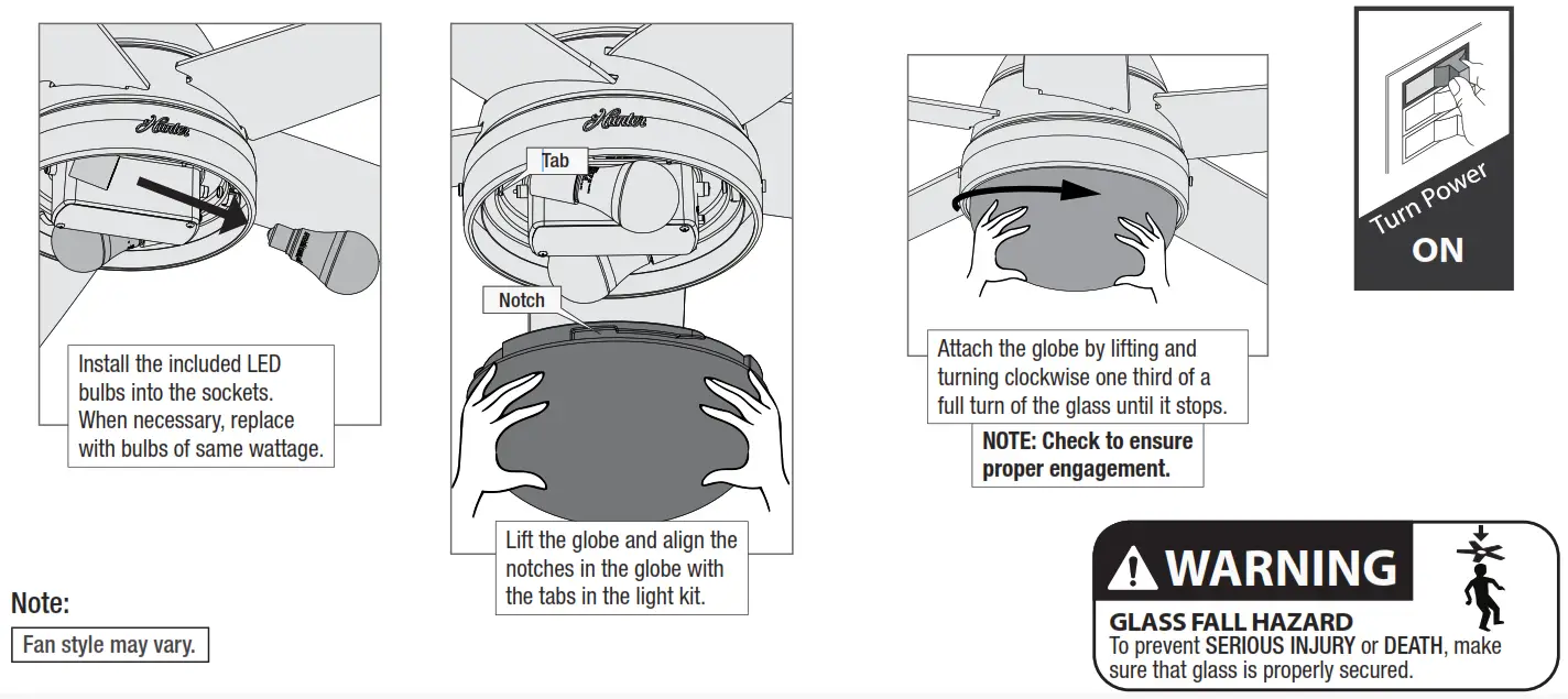 Hunter Aker Outdoor LED Ceiling Fan fan-- Installing the Bulbs and Glass