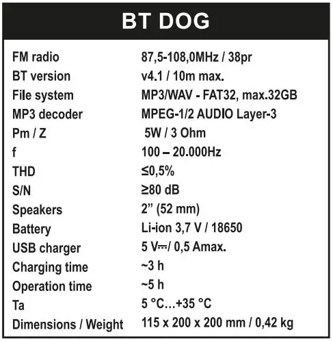 SOMOGYI ELEKTRONICS BT DOG Wireless Bluetooth Speaker Bulldog Instruction Manual - BT Dog