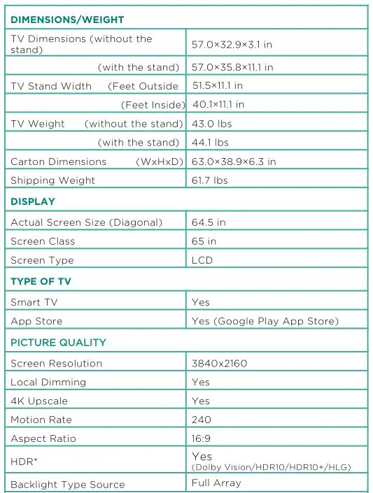Hisense H8 Quantum Series Android TV-Specification