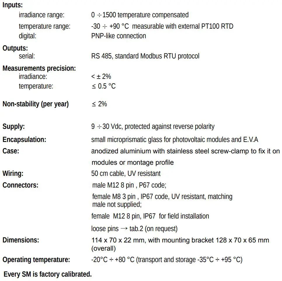 itsensor SM1-485 Pro Digital Solar Meter with External Temperature Probe Input User Manual - Specifications