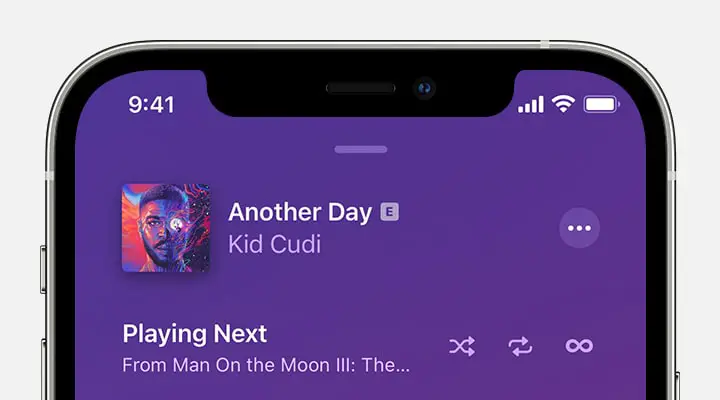 iPhone showing repeat is turned off at the top of the Playing Next screen.
