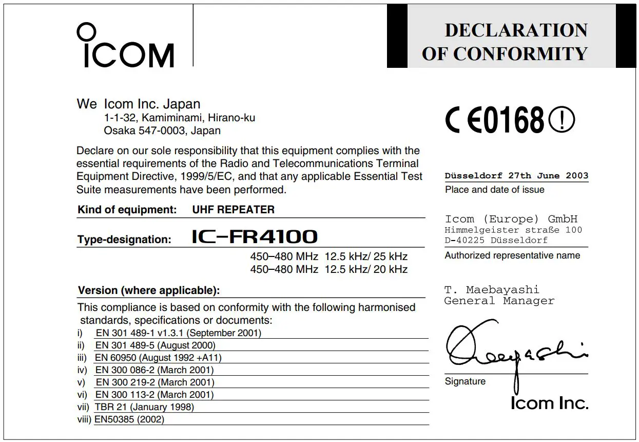 ICOM IC-FR3100 VHF Radio Repeater Instruction Manual - DECLARATION OF CONFORMITY