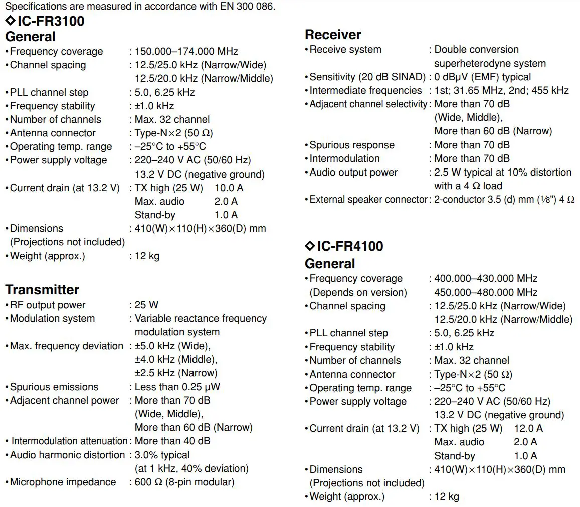 ICOM IC-FR3100 VHF Radio Repeater Instruction Manual - Specifications