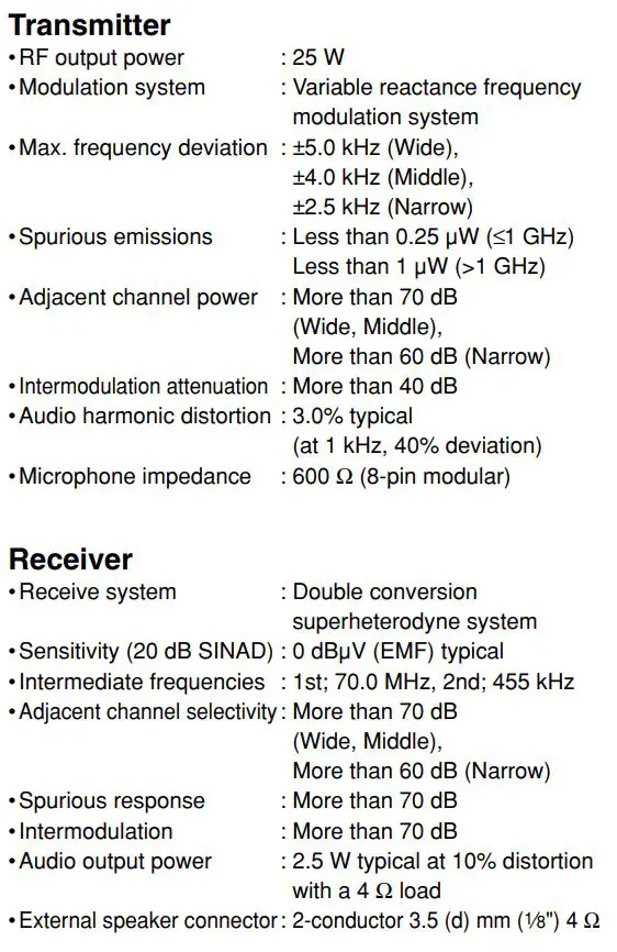 ICOM IC-FR3100 VHF Radio Repeater Instruction Manual - Specifications