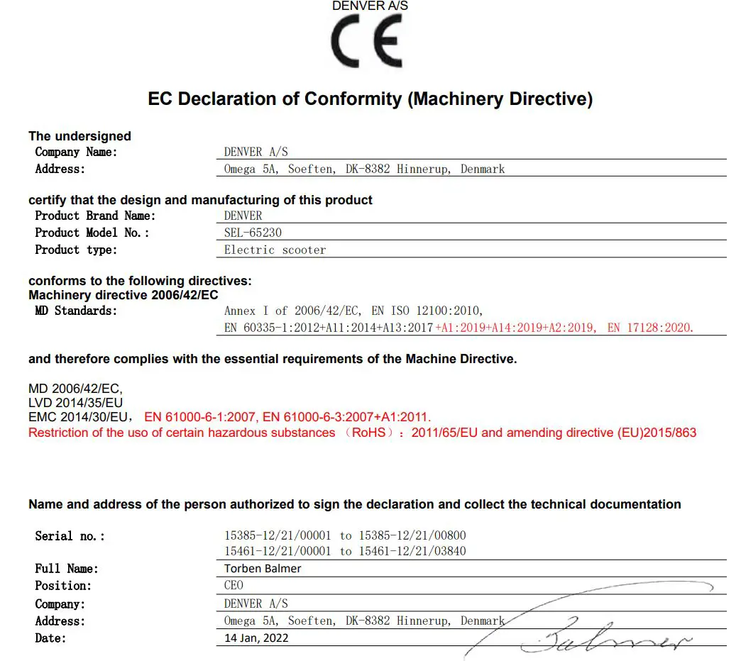 denver SEL-65230 Electric Scooter Instruction Manual - EC Declaration of Conformity