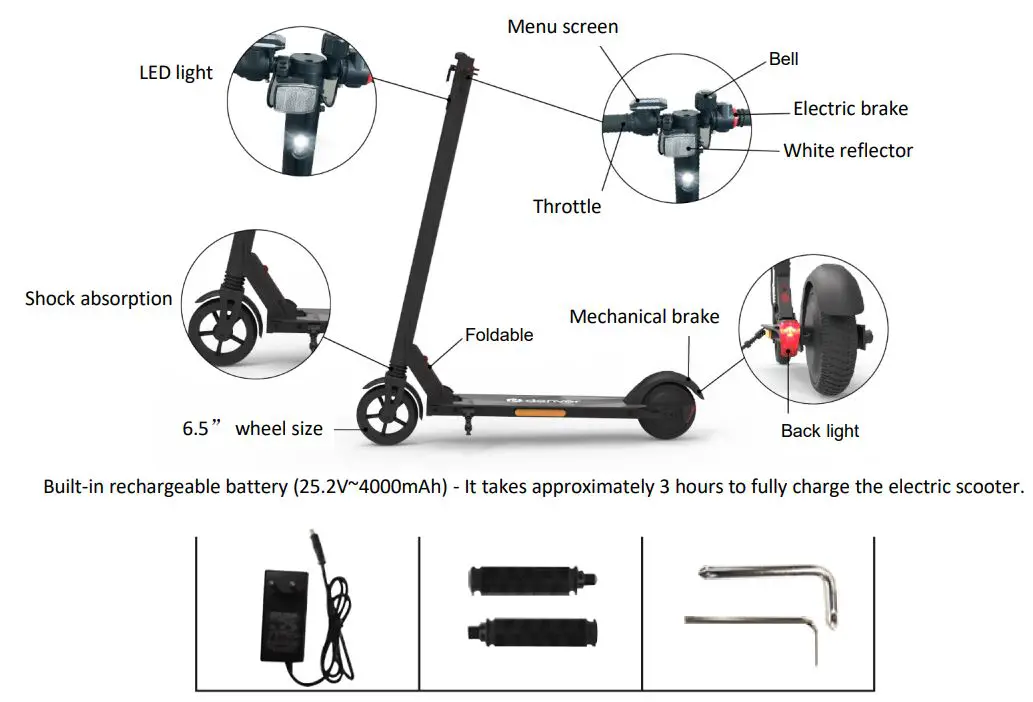 denver SEL-65230 Electric Scooter Instruction Manual - Product and Accessories