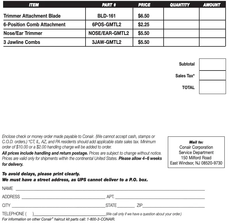 TRIMMER REPLACEMENT PARTS & ACCESSORIES ORDER FORM