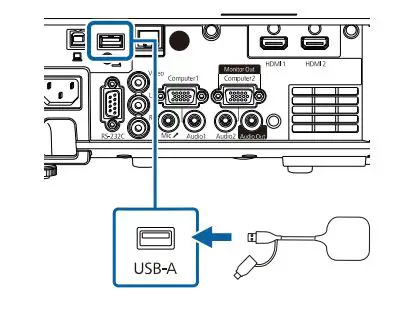 EPSON EB-L255F Power Lite Projector User Guide - Connect the wireless transmitter to the projector's USB-A port