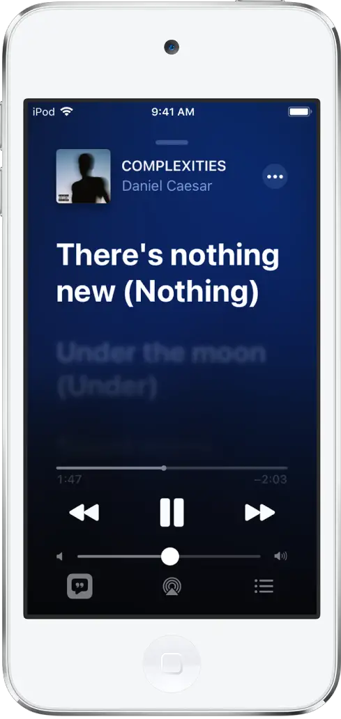 The lyrics screen showing the song title, artist name, and More button at the top. The current lyric is highlighted with succeeding lyrics dimmed.