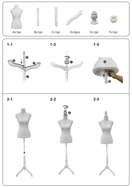serenelife SLMAQTPWH44 Female Dress Form Mannequin - PARTS LIST