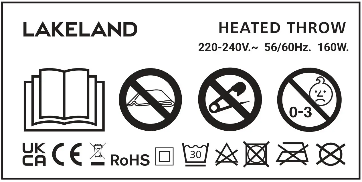 LAKELAND Peacock Blue Heated Throw 63623 - TECHNICAL DATA