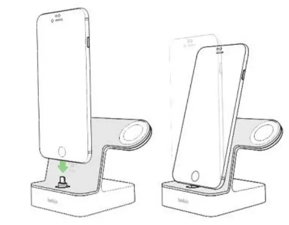 belkin Apple Watch and iPhone Charge Dock User Guide - Place the iPhone on the connector and lean it on the bar