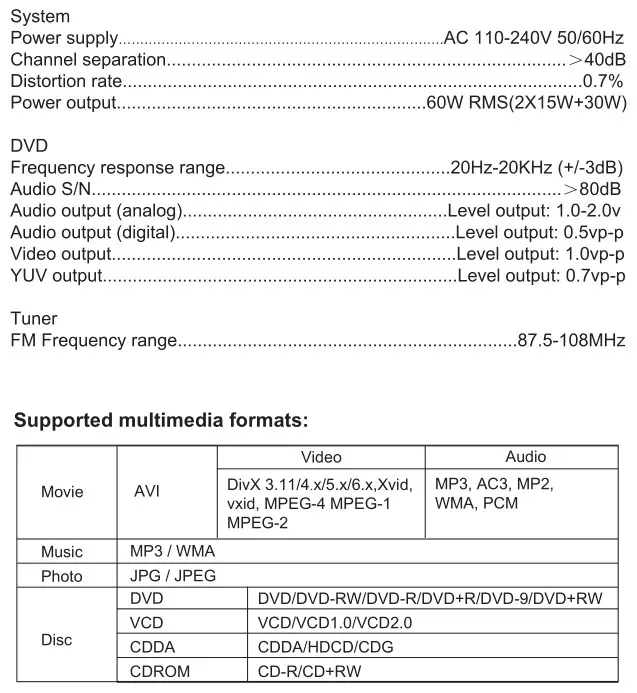 JVC XS-N5320PBBA DVD SPEAKER SYSTEM WITH BLUETOOTH - Specifications