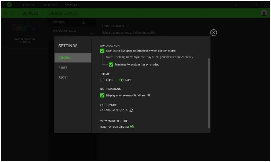 RAZER RZ03 Cynosa Chroma RU Keyboard Gaming - SETTINGS WINDOW