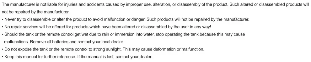 TORRO 1114113065 Radio Controlled Battle Tank Scale - Caution Notes