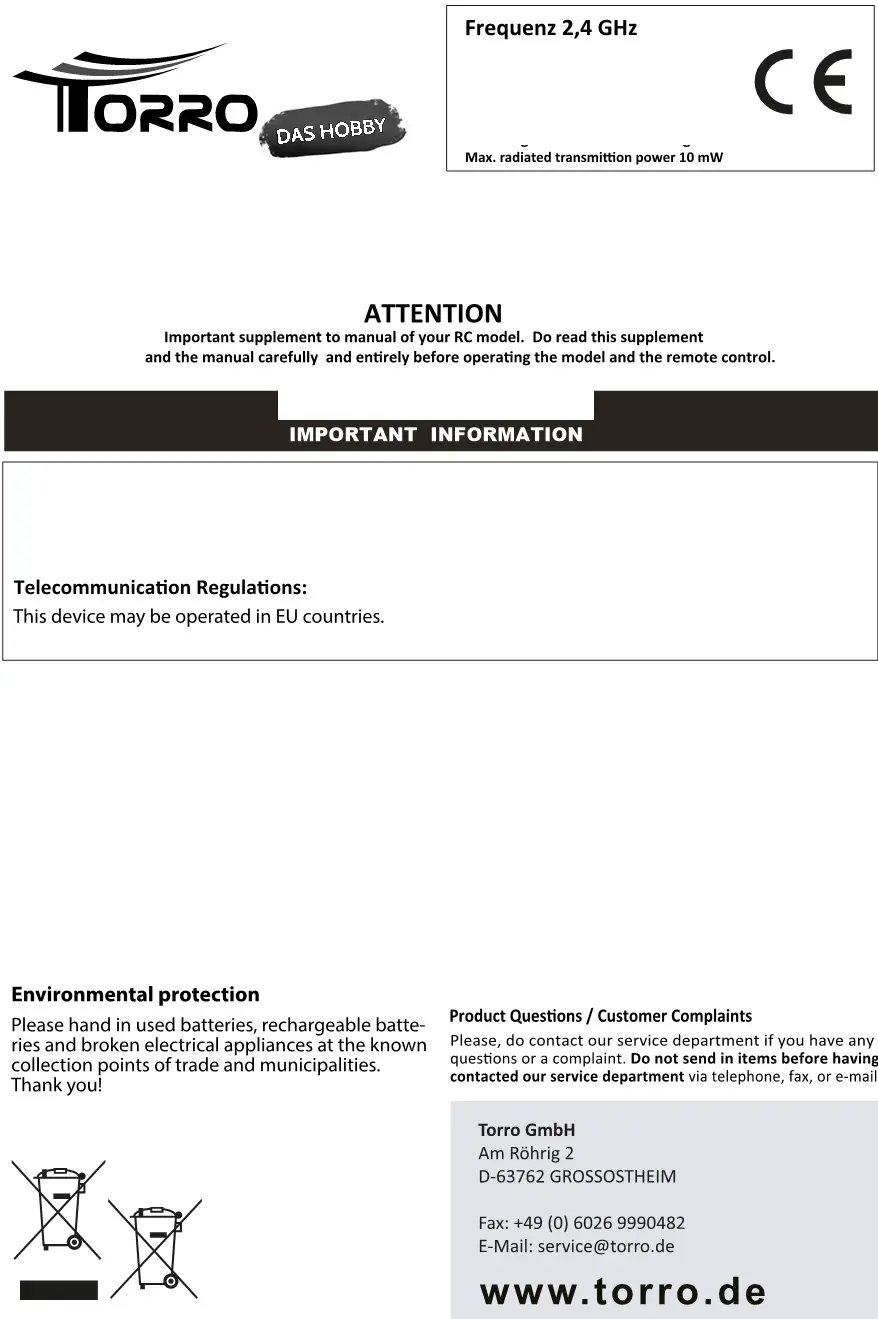 TORRO 1114113065 Radio Controlled Battle Tank Scale - IMPORTANT INFORMATION & Company Info
