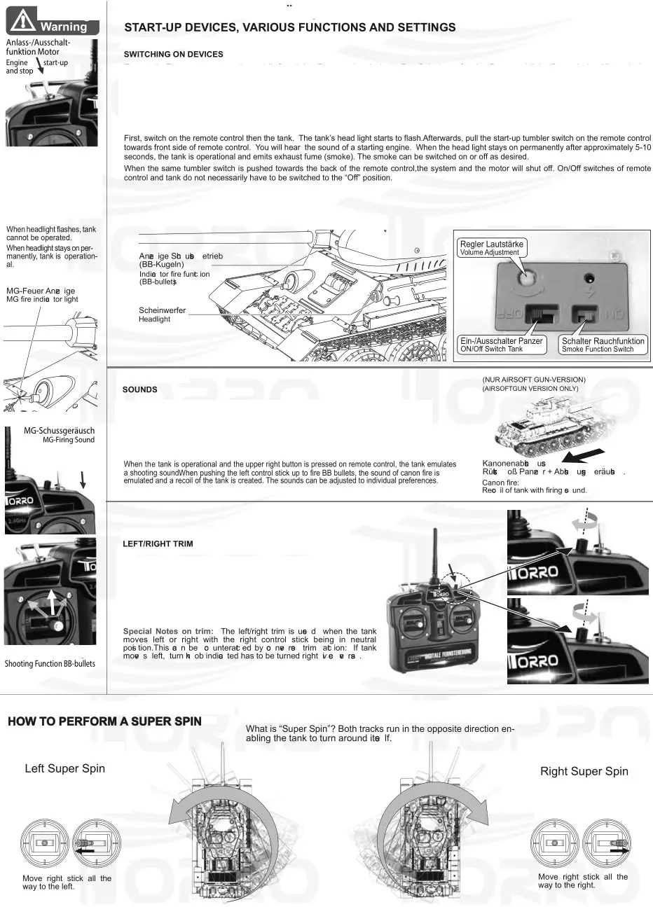 TORRO 1114113065 Radio Controlled Battle Tank Scale - START-UP DEVICES, VARIOUS FUNCTIONS AND SETTINGS