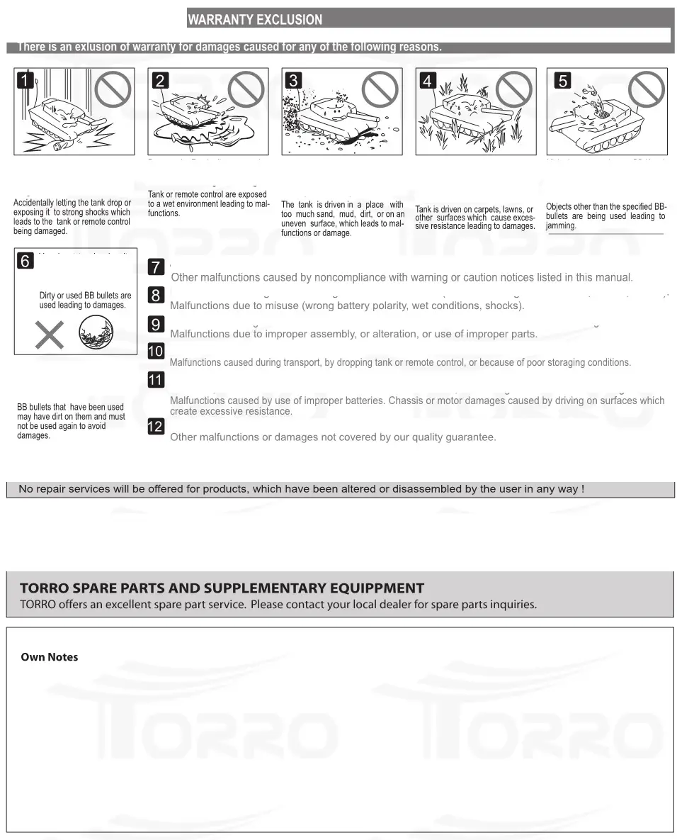 TORRO 1114113065 Radio Controlled Battle Tank Scale - Warranty