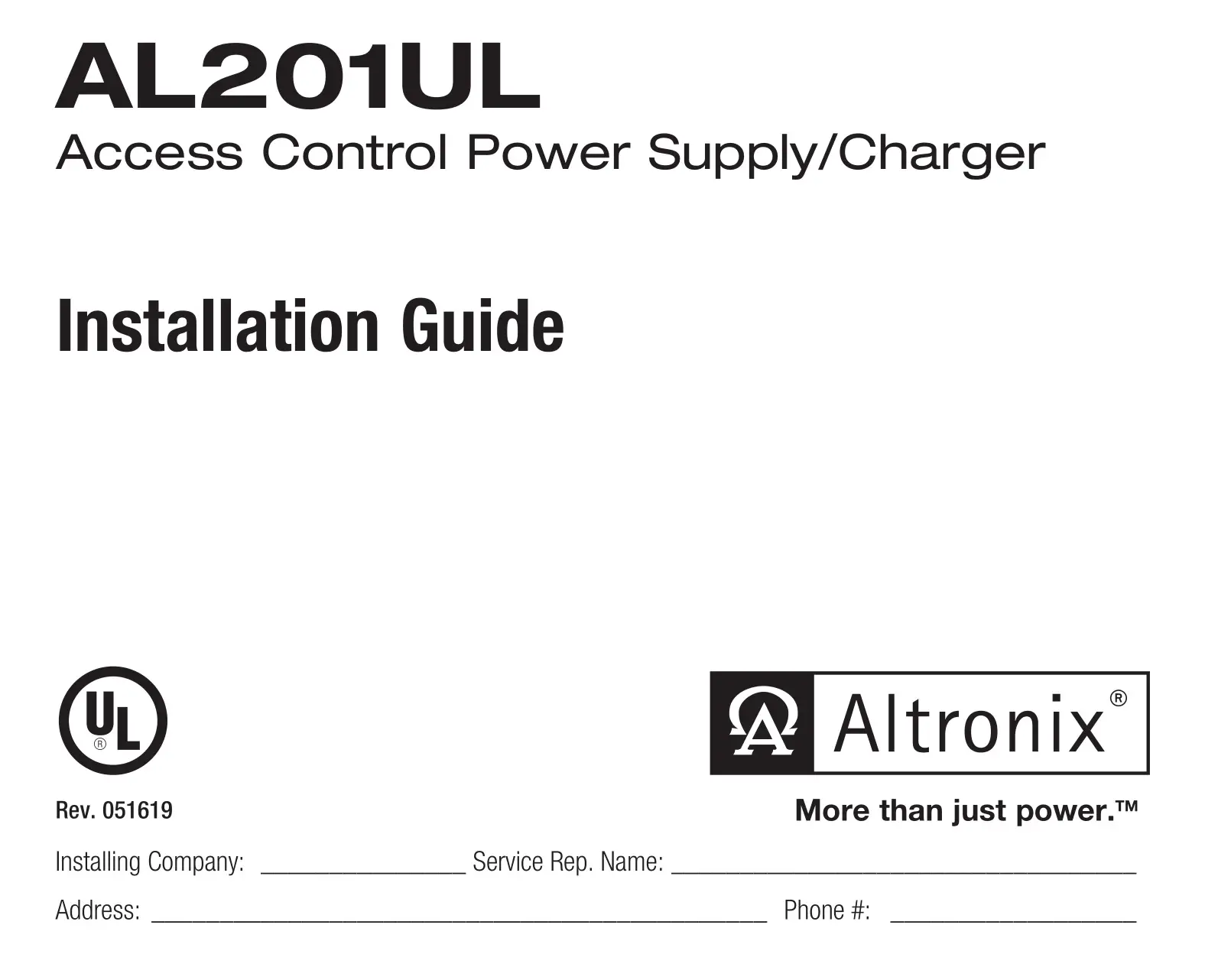 Altronix AL201UL Access Control Power Supply and Charger Installation Guide
