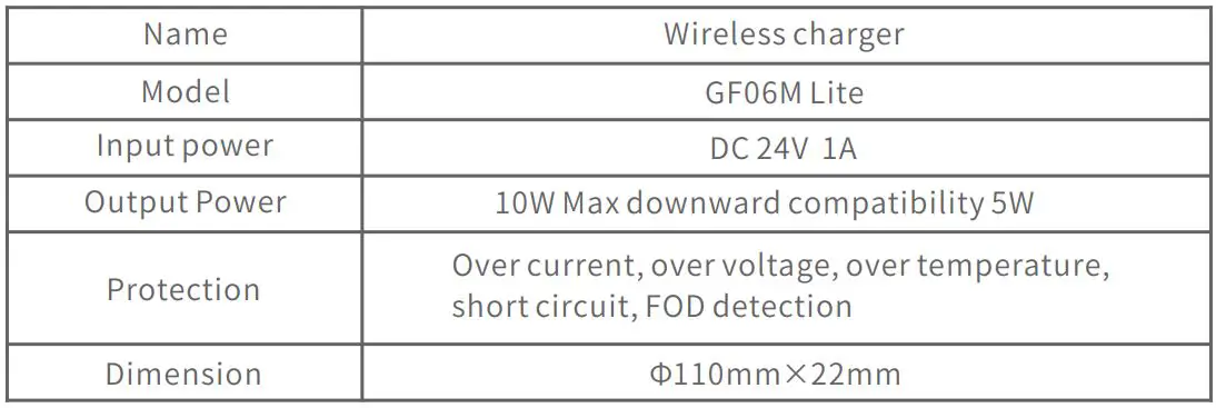 GCteq Power Freer Wireless Charger User Manual - Specification parameter